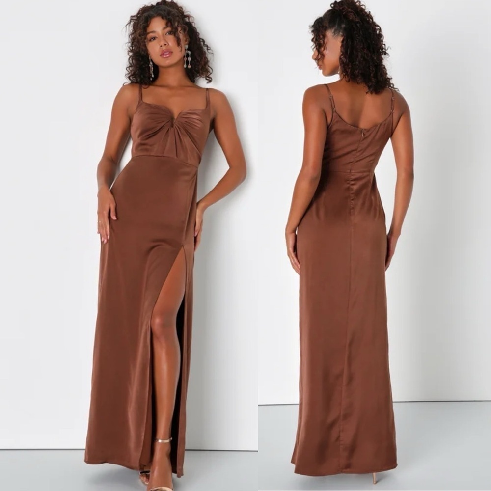 🌻NEW w/tags Lulus Lovely Drama Brown Satin Sleeveless A-Line Maxi Dress Size XS